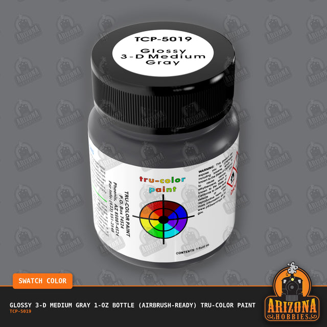 Glossy 3-D MEDIUM GRAY 1-oz bottle (Air-brush) Tru-Color Paint-with color swatch-Arizona Hobbies