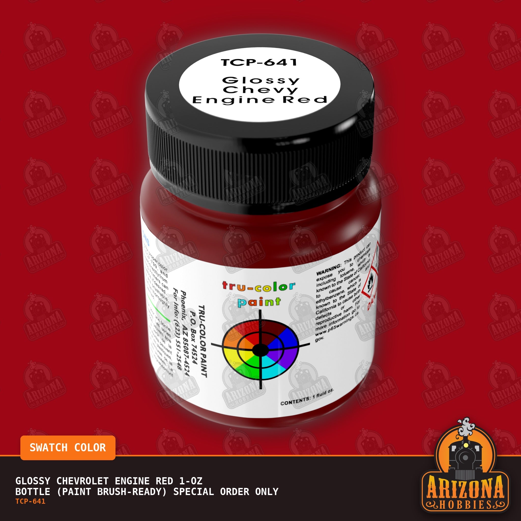 Glossy Chevrolet ENGINE RED 1-oz bottle (Paint brush) SPECIAL ORDER ONLY-with color swatch-Arizona Hobbies