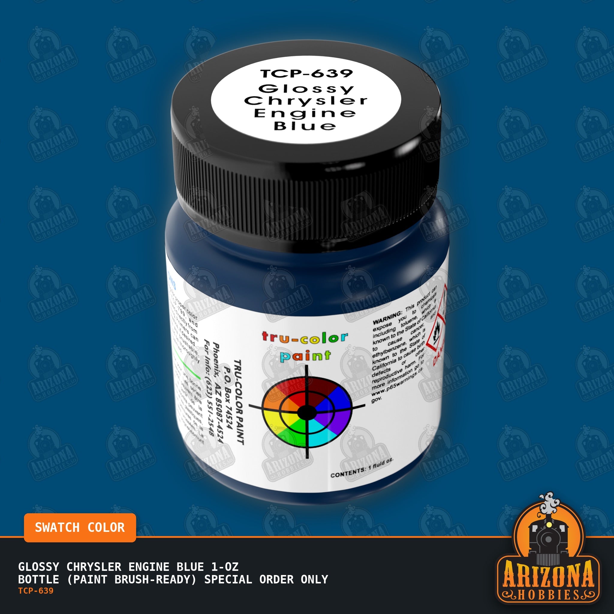 Glossy Chrysler ENGINE BLUE 1-oz bottle (Paint brush) SPECIAL ORDER ONLY-with color swatch-Arizona Hobbies