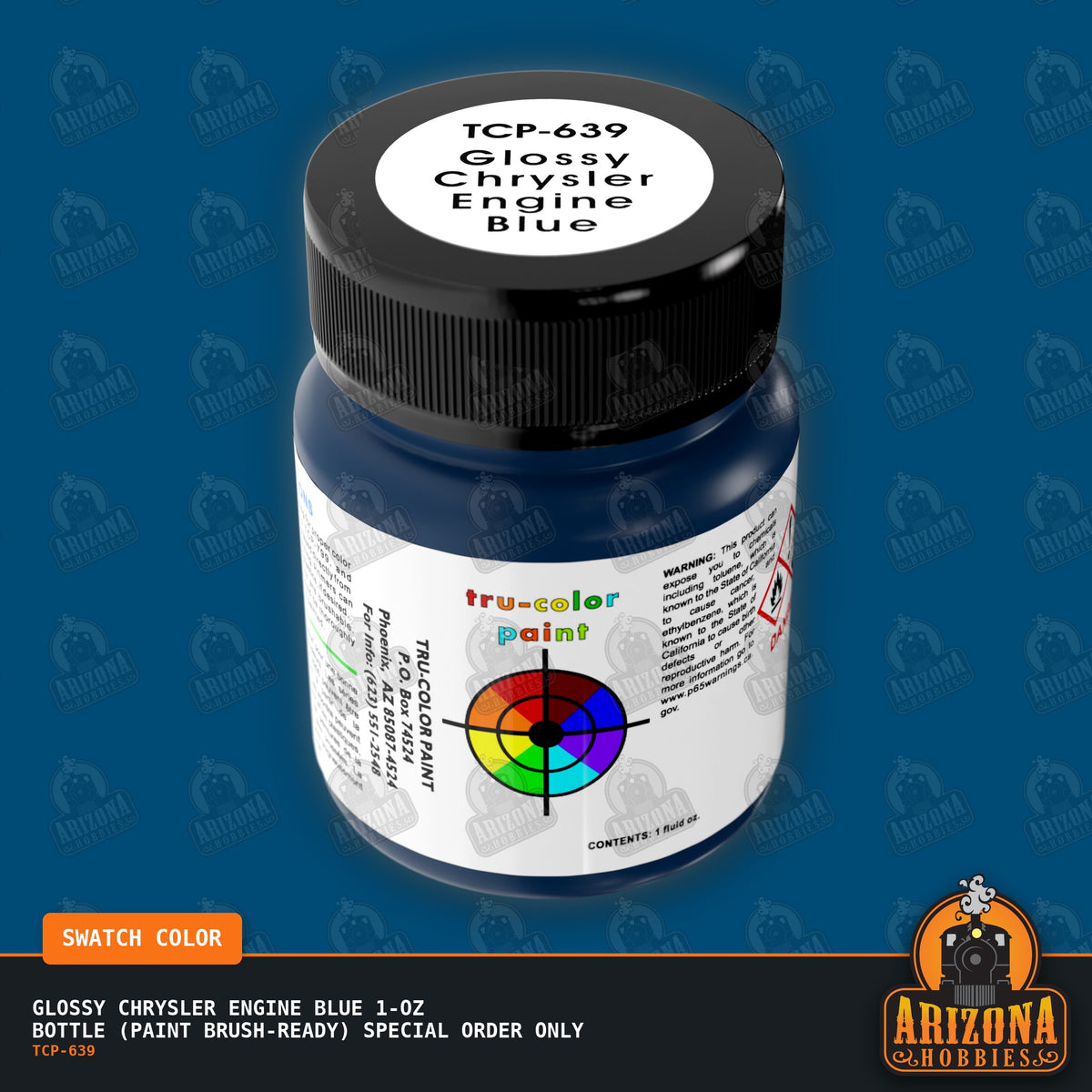 Glossy Chrysler ENGINE BLUE 1-oz bottle (Paint brush) SPECIAL ORDER ONLY-with color swatch-Arizona Hobbies