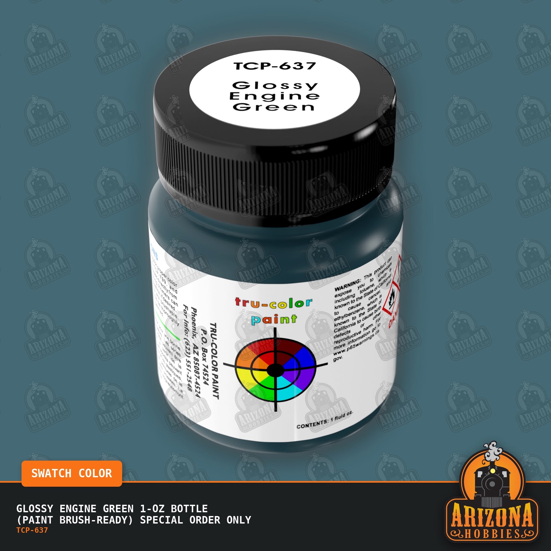 Glossy ENGINE GREEN 1-oz bottle (Paint brush) SPECIAL ORDER ONLY-with color swatch-Arizona Hobbies