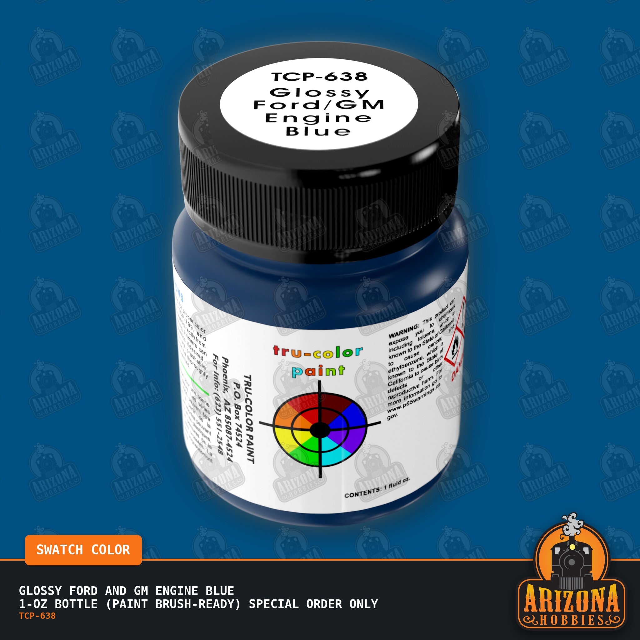 Glossy Ford and GM ENGINE BLUE 1-oz bottle (Paint brush) SPECIAL ORDER ONLY-with color swatch-Arizona Hobbies