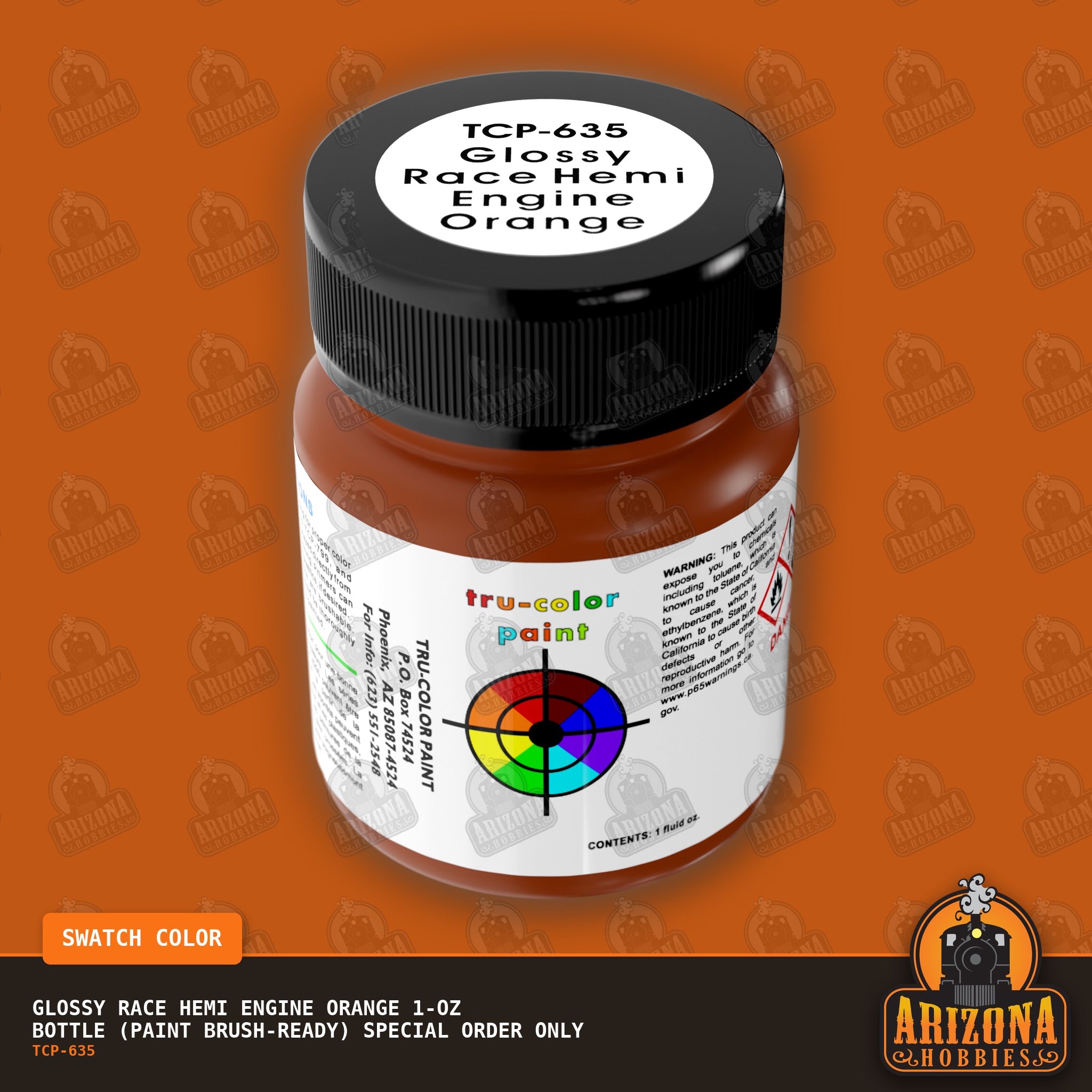 Glossy RACE HEMI ENGINE ORANGE 1-oz bottle (Paint brush) SPECIAL ORDER ONLY-with color swatch-Arizona Hobbies