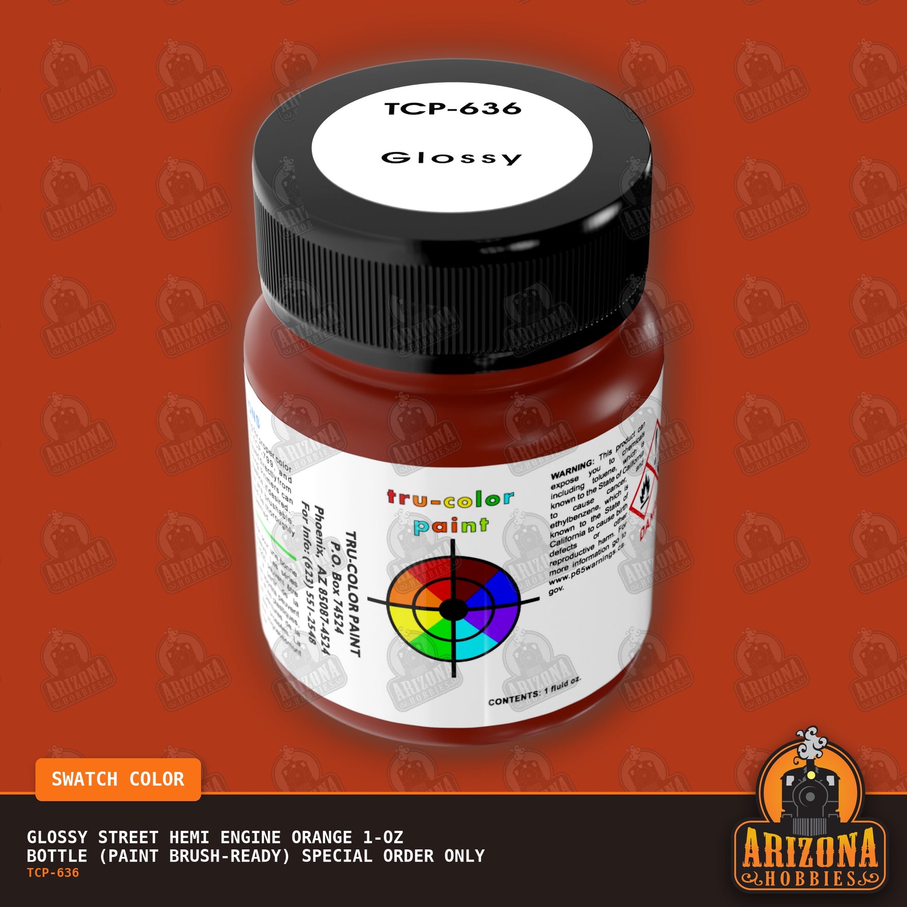 Glossy STREET HEMI ENGINE ORANGE 1-oz bottle (Paint brush) SPECIAL ORDER ONLY-with color swatch-Arizona Hobbies