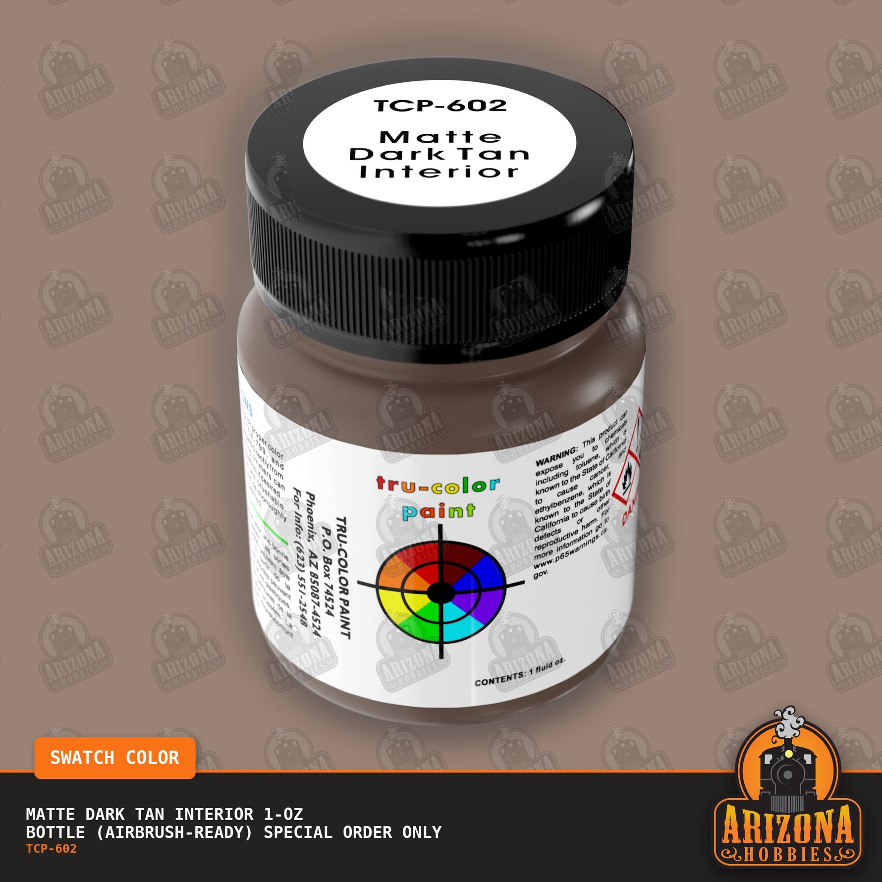 Matte DARK TAN AUTO INTERIOR 1-oz bottle (Air-brush) SPECIAL ORDER ONLY-with color swatch-Arizona Hobbies