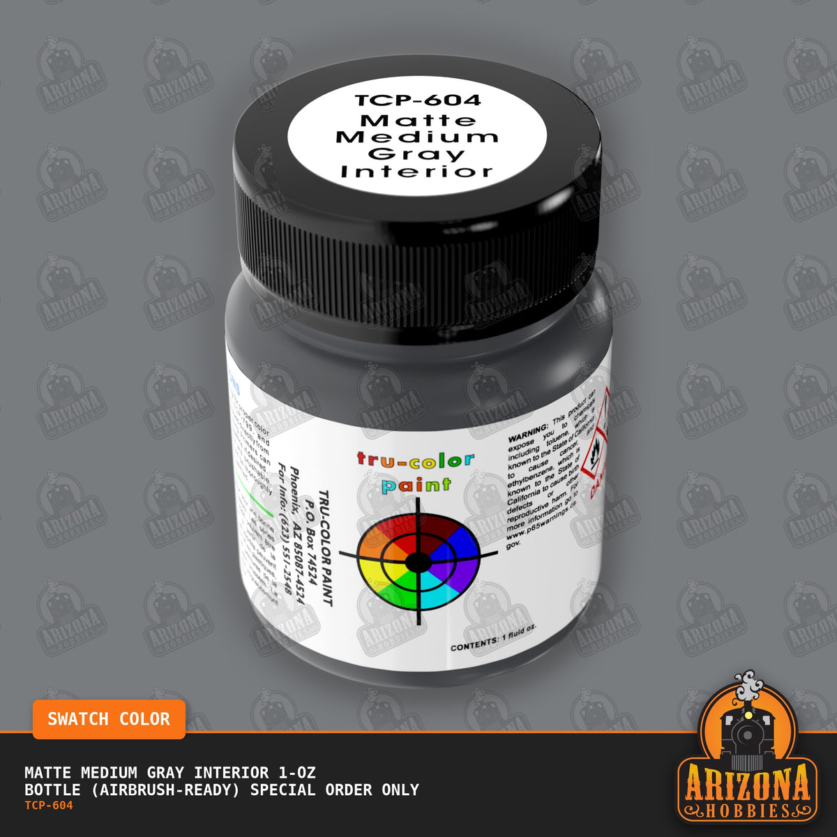 Matte MEDIUM GRAY AUTO INTERIOR 1-oz bottle (Air-brush) SPECIAL ORDER ONLY-with color swatch-Arizona Hobbies