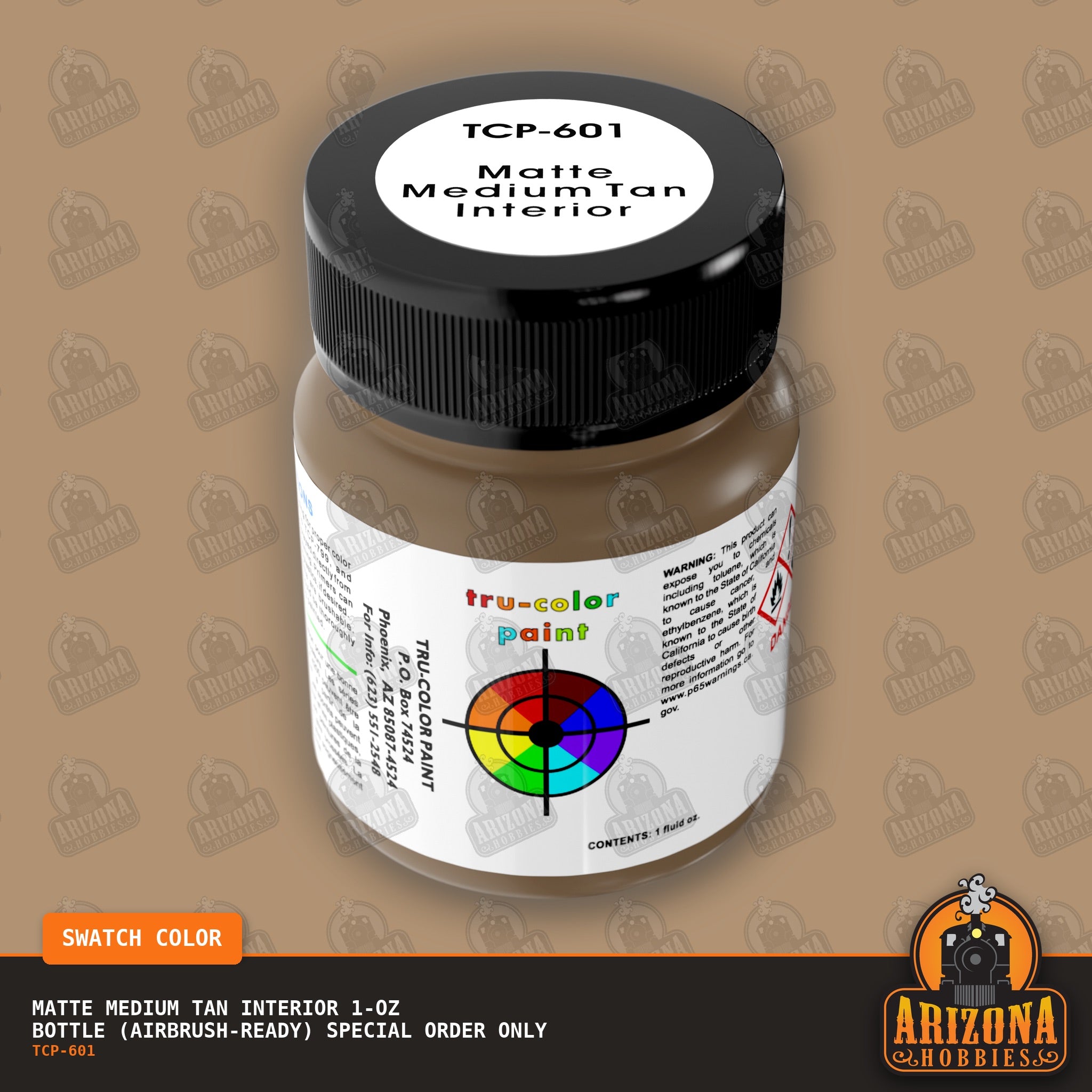 Matte MEDIUM TAN AUTO INTERIOR 1-oz bottle (Air-brush) SPECIAL ORDER ONLY-with color swatch-Arizona Hobbies