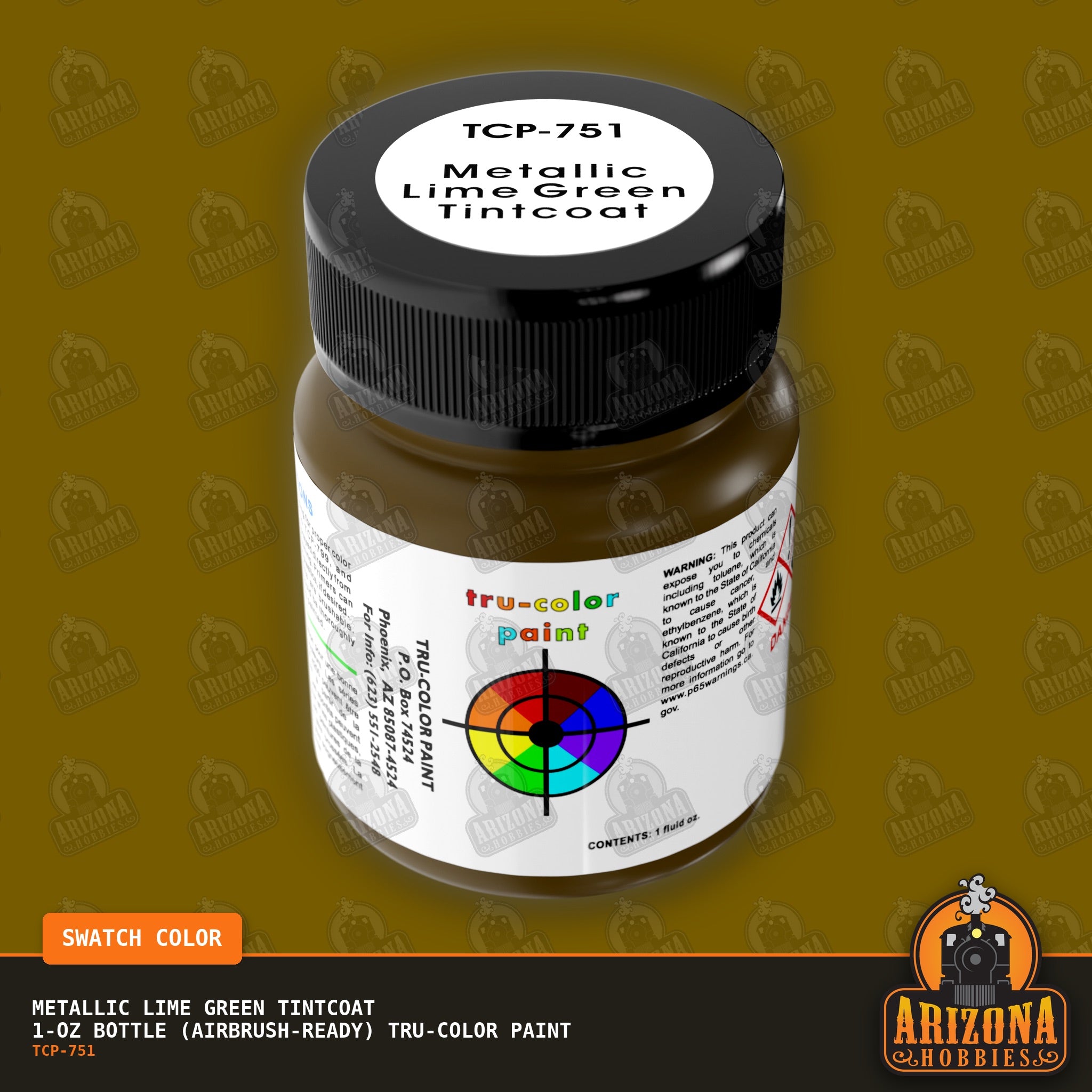Metallic LIME GREEN Tintcoat 1-oz bottle (Air-brush) Tru-Color Paint-with color swatch-Arizona Hobbies