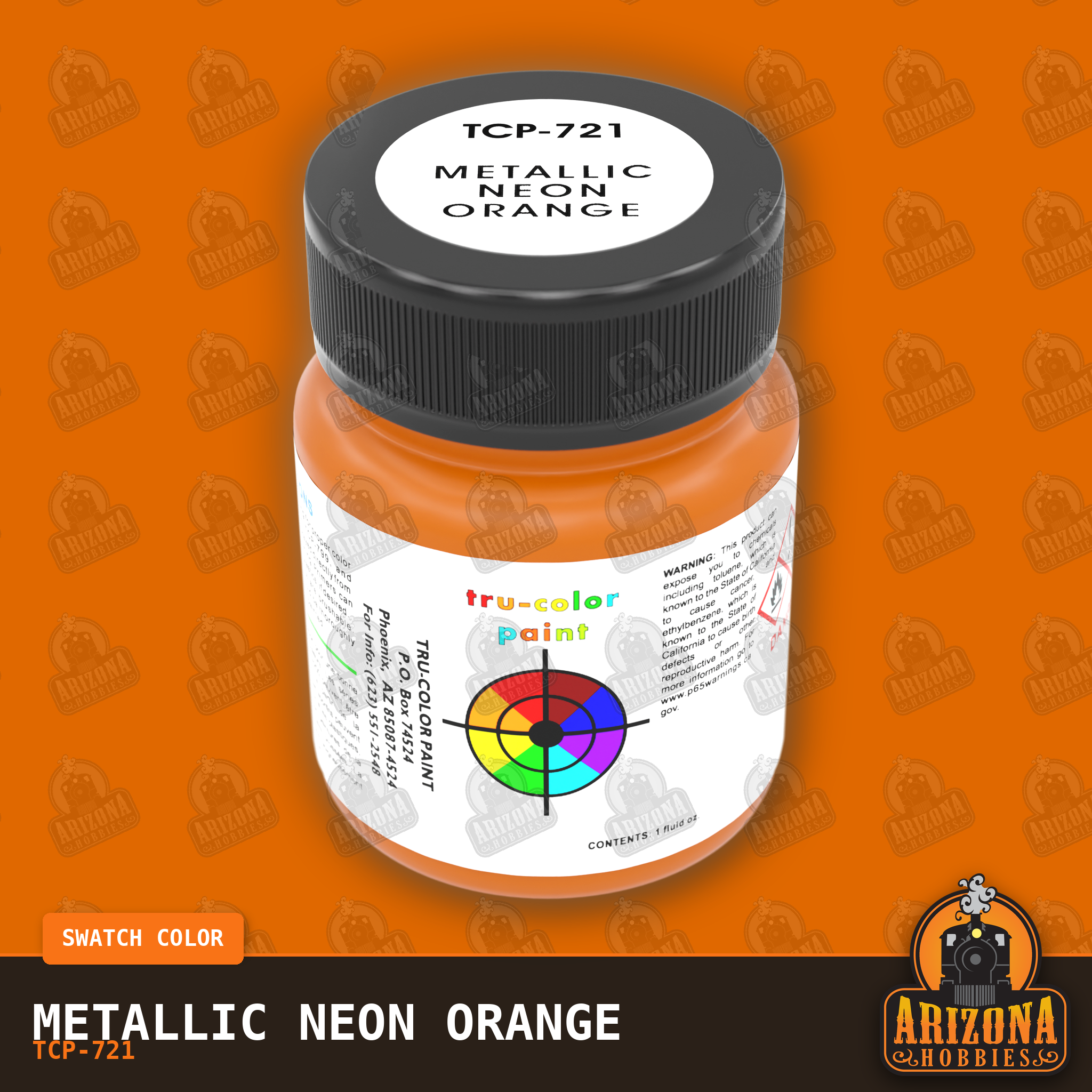 Metallic NEON ORANGE 1-oz bottle (Air-brush) Tru-Color Paint-with color swatch-Arizona Hobbies