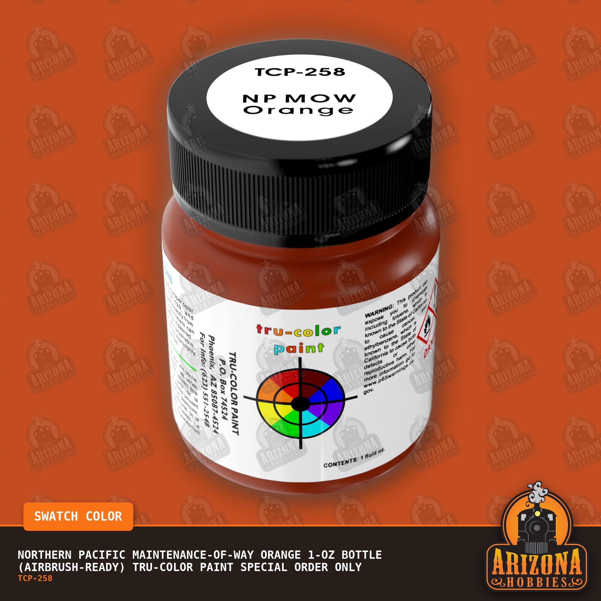 Northern Pacific MAINTENANCE-OF-WAY ORANGE 1-oz bottle (Air-brush) Tru-Color Paint SPECIAL ORDER ONLY-with color swatch-Arizona Hobbies