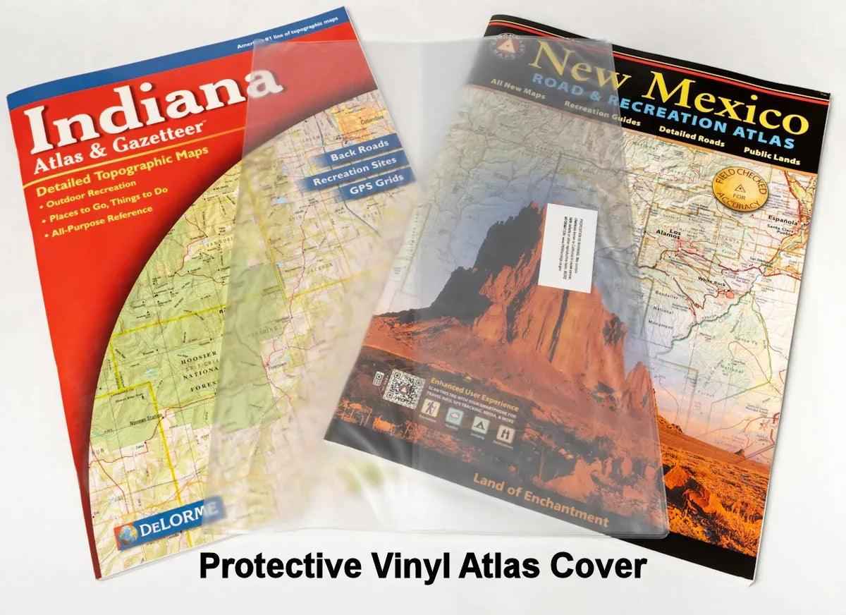 Clear frosted vinyl protective covers for large-format 11 x 15.5-inch road atlases by Benchmark, DeLorme and Rand McNally.