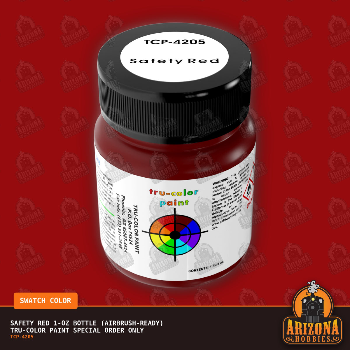 SAFETY RED 1-oz bottle (Air-brush) Tru-Color Paint SPECIAL ORDER ONLY-with color swatch-Arizona Hobbies