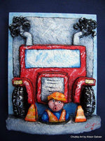 Textured Sculptamold relief art of a red truck and construction worker with orange safety cones on a blue background.