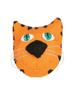 Orange Sculptamold cat mask with black spots, green eyes, and white whiskers on a white background.