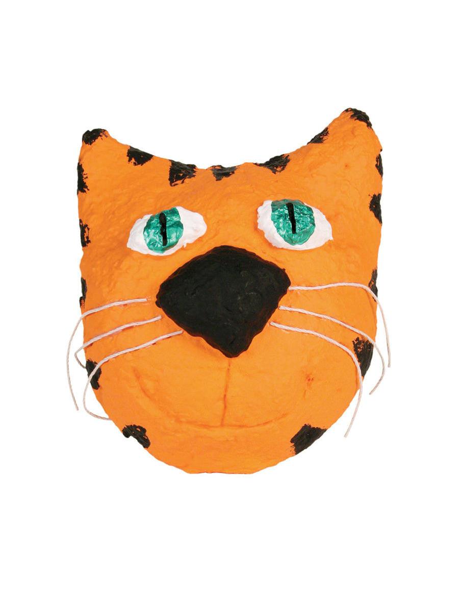 Orange Sculptamold cat mask with black spots, green eyes, and white whiskers on a white background.