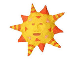 Yellow and orange sun sculpture made from textured Sculptamold modeling material with a smiling face design.