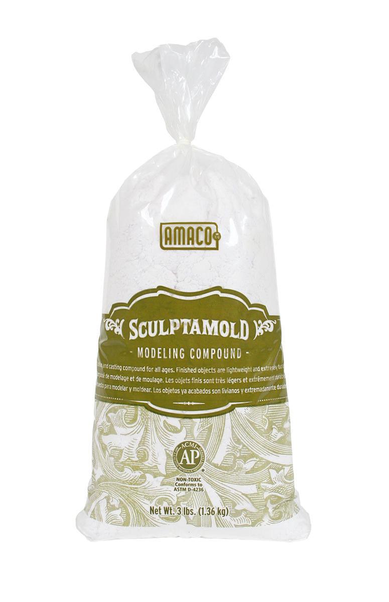 Three-pound bag of white Amaco Sculptamold modeling compound with green and white vintage-style labeling.