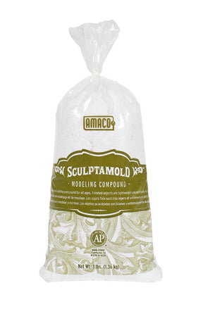 Three-pound bag of white Amaco Sculptamold modeling compound with green and white vintage-style labeling.
