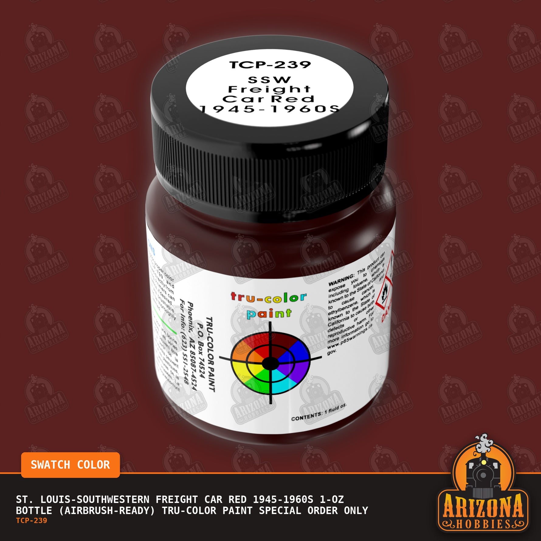 St. Louis-Southwestern FREIGHT CAR RED 1945-1960s 1-oz bottle (Air-brush) Tru-Color Paint SPECIAL ORDER ONLY-with color swatch-Arizona Hobbies