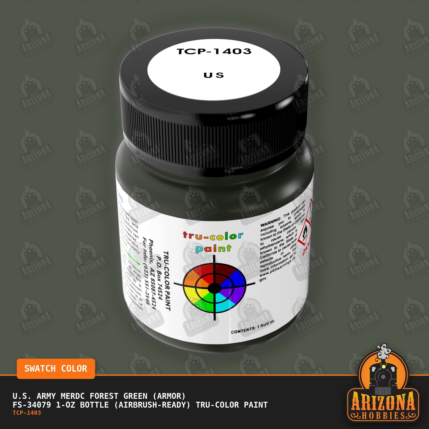 U.S. Army MERDC FOREST GREEN (Armor) FS-34079 1-oz bottle (Air-brush) Tru-Color Paint-with color swatch-Arizona Hobbies