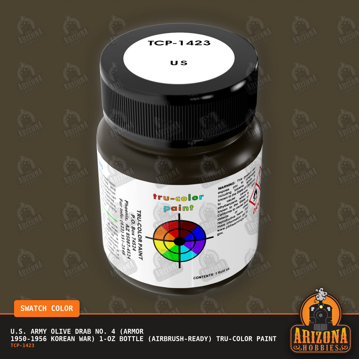 U.S. Army OLIVE DRAB No. 4 (Armor 1950-1956 Korean War) 1-oz bottle (Air-brush) Tru-Color Paint-with color swatch-Arizona Hobbies