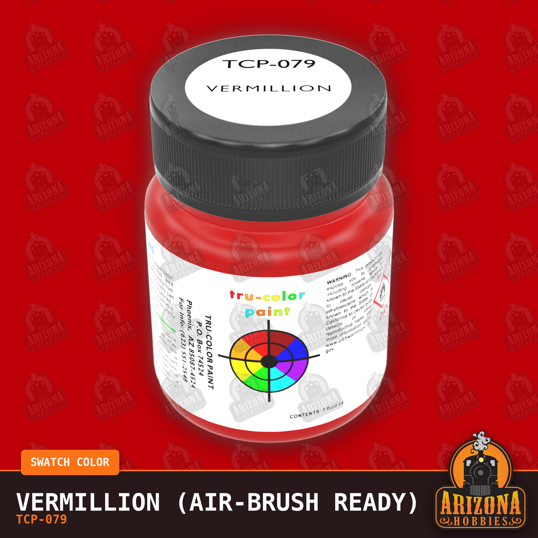 VERMILLION 1-oz bottle (Air-brush) Tru-Color Paint-with color swatch-Arizona Hobbies