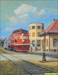 John Winfield painting of the Texas Rocket train at a Waxahachie station, featuring a red locomotive and historic depot.