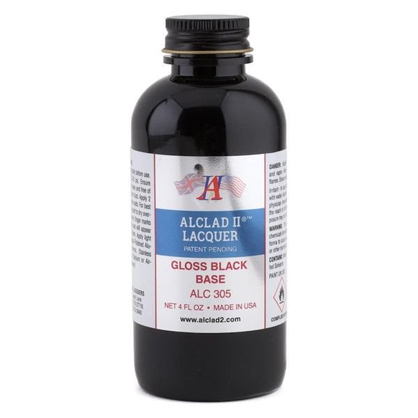 Alclad II Gloss Black Enamel Base Paint 4 oz bottle with clear labeling and safety information