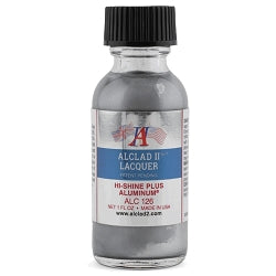 Alclad II Hi-Shine Plus Aluminum Lacquer for models in a 1 oz bottle, perfect for achieving a glossy finish