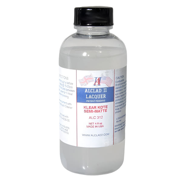 Alclad II Klear Kote semi-matte model lacquer in a 4 oz bottle for model painting and finishing