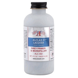 Alclad II 4 oz bottle of gray primer and microfiller for scale models with a clear label