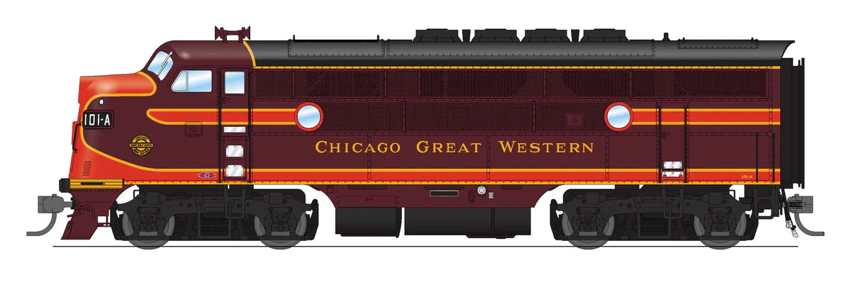 Broadway Limited 6652 HO EMD F3 A/B set Chicago Great Western CGW 101A 101B maroon red yellow