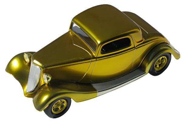 Model car painted with Candy Golden Yellow enamel paint, featuring a glossy exterior and classic design