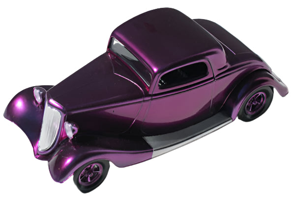 Model car in glossy candy violet enamel paint 1 oz, showcasing a vintage design with a sleek body