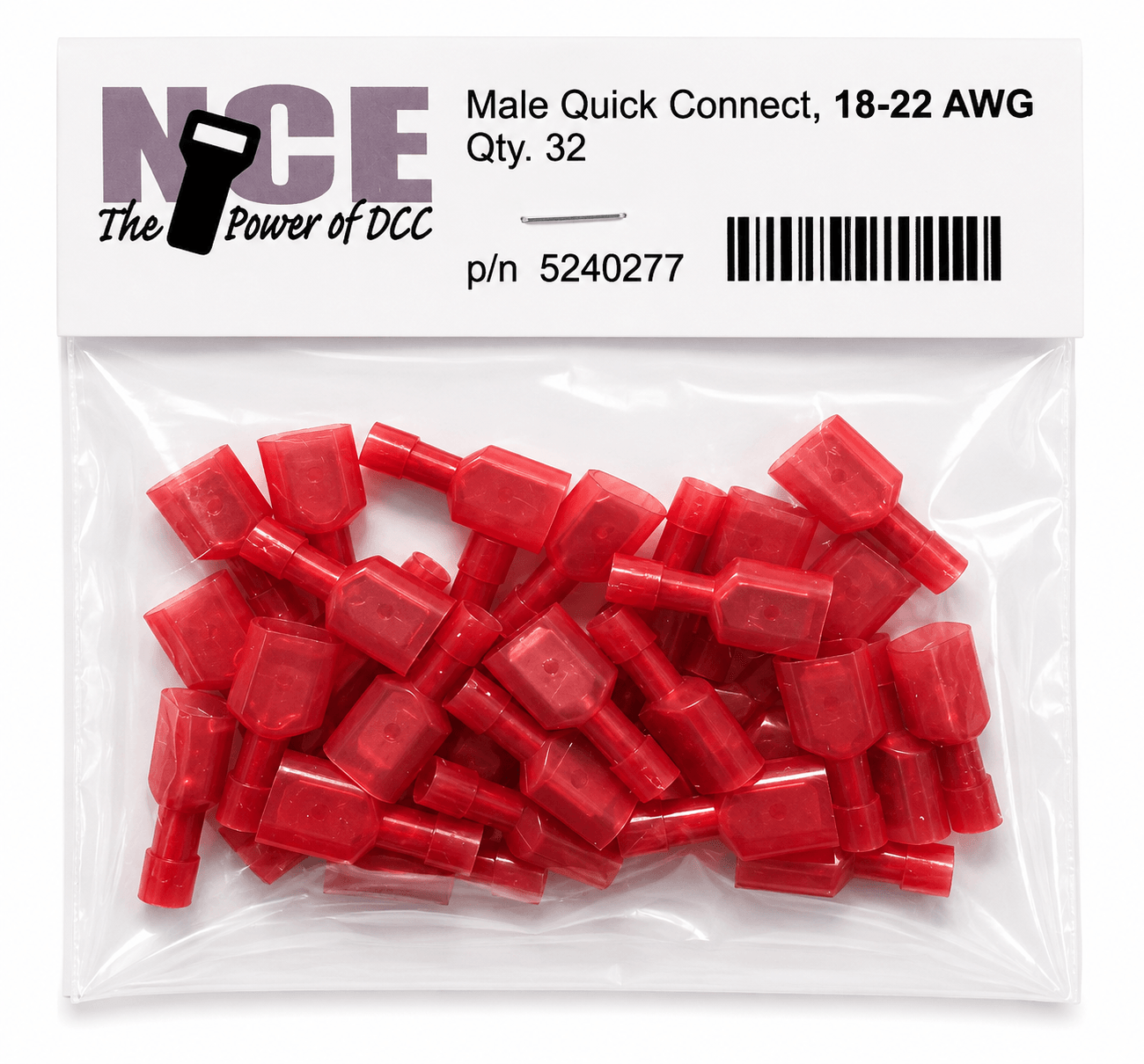 NCE 524-277 Male Quick Connect Terminals – Red (18–22 AWG) 32-Pack