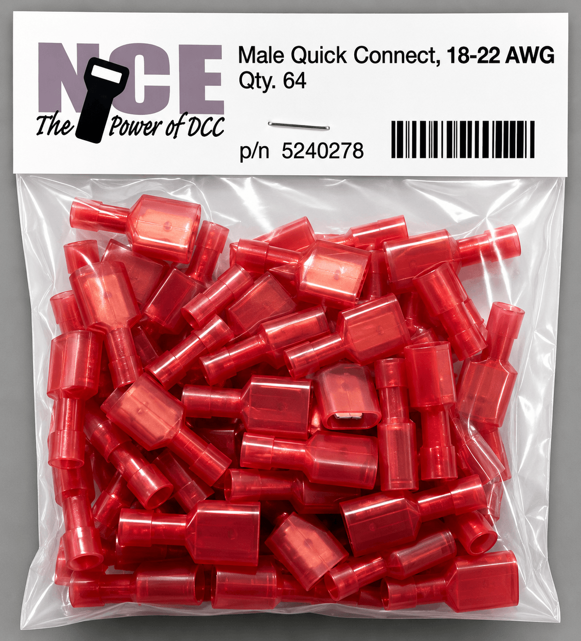 NCE 524-278 Male Quick Connect Terminals – Red (18–22 AWG) 64-Pack