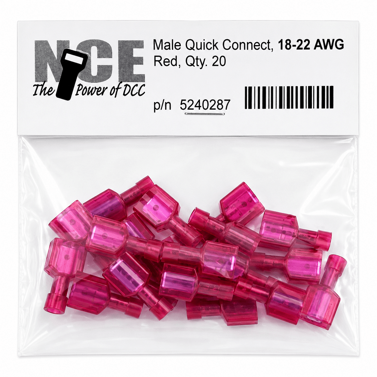 NCE 524-287 Male Quick Connect Terminals – Red (18–22 AWG) 20-Pack