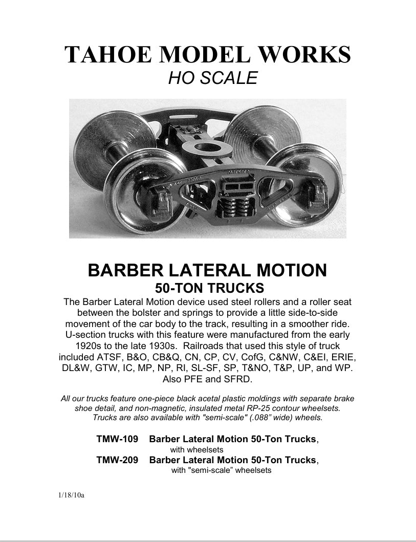 HO Barber Lateral-Motion 50-ton Trucks w/RP-25 wheelsets (two trucks)