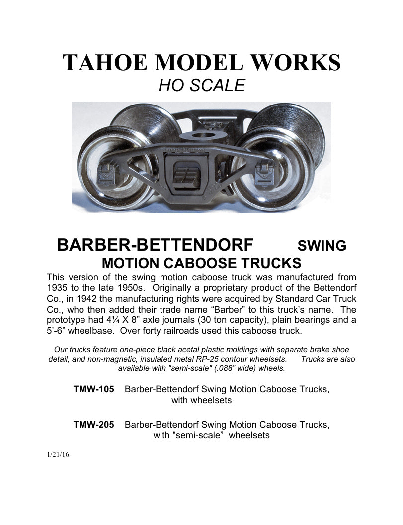 HO Barber-Bettendorf Swing-Motion Caboose Trucks w/semi-scale wheelsets (two trucks)
