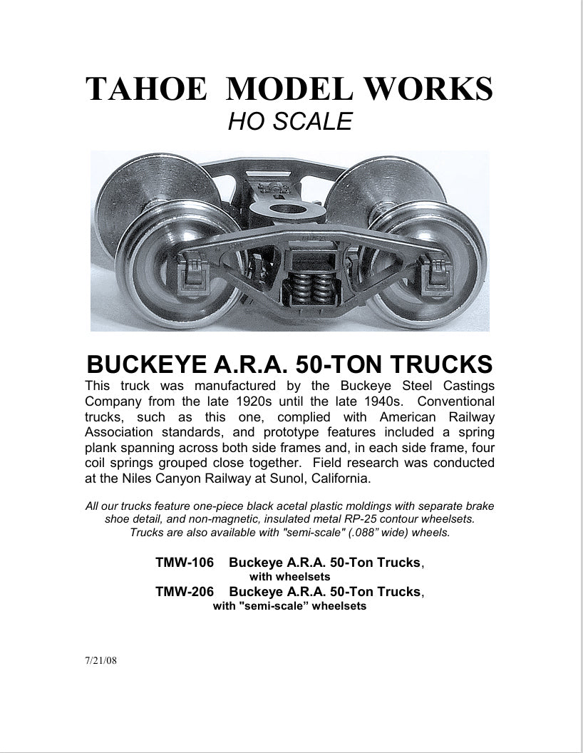 HO Buckeye A.R.A. 50-ton Trucks w/semi-scale wheelsets (two trucks)