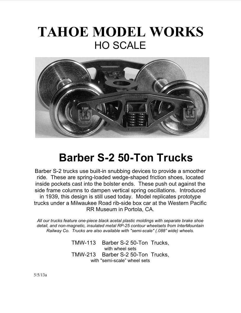 HO Barber S-2 50-ton Trucks w/semi-scale wheelsets (two trucks)