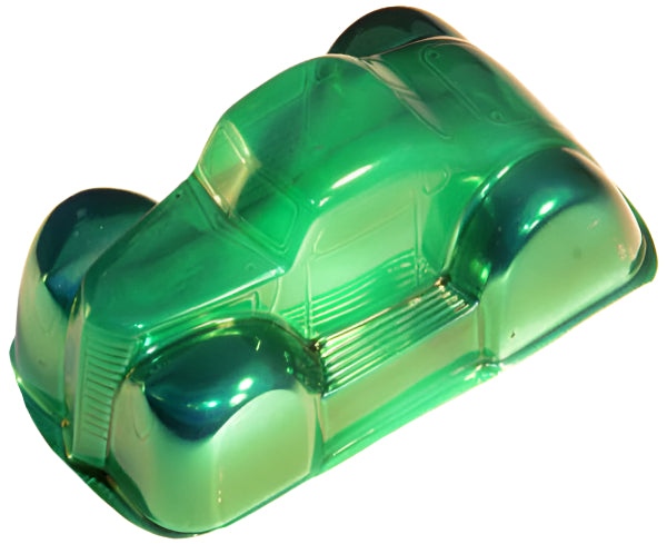 Transparent green model paint applied to a car body shell, showcasing detailed contours and reflections